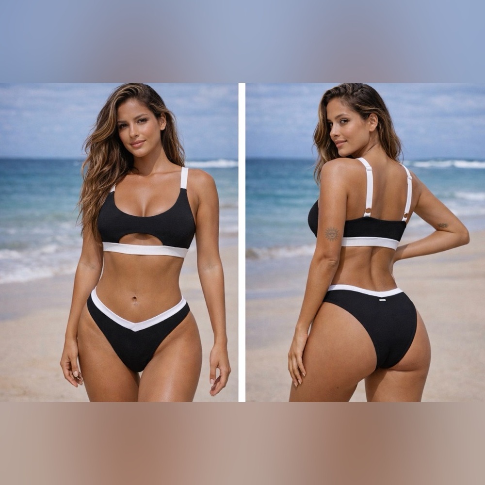 Berlook Cheeky Black White Contrast Trim Bikini Set 2 PC Size L Large NEW w Bag